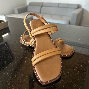 Tan Flat Sandals with Adjustable Ankle Strap and Multiple Straps